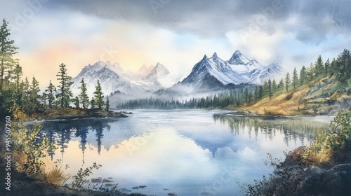 Serene Mountain Lake Watercolor