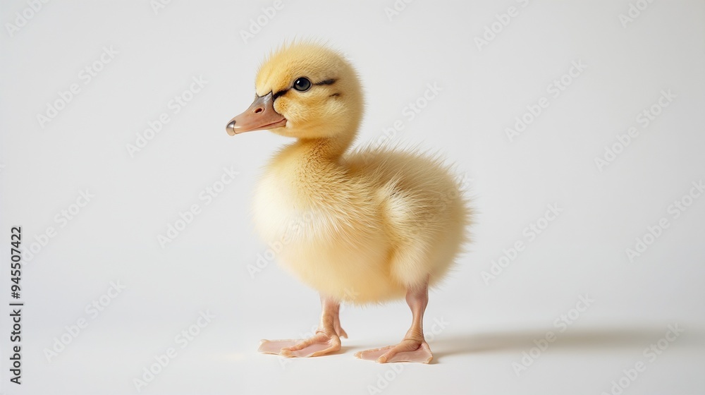 A small yellow duck stands on hind legs against a white background A small yellow duck stands on hind legs against a white background