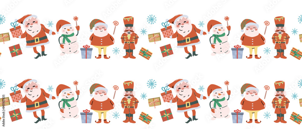 Cute childrens xmas and Happy New Year pattern for wrapping paper, christmas paper, greeting cards. Fairy characters and animals or decorative xmas elements endless background. Flat illustration. Cute childrens xmas and Happy New Year pattern for wrapping paper, christmas paper, greeting cards. Fairy characters and animals or decorative xmas elements endless background. Flat illustration.