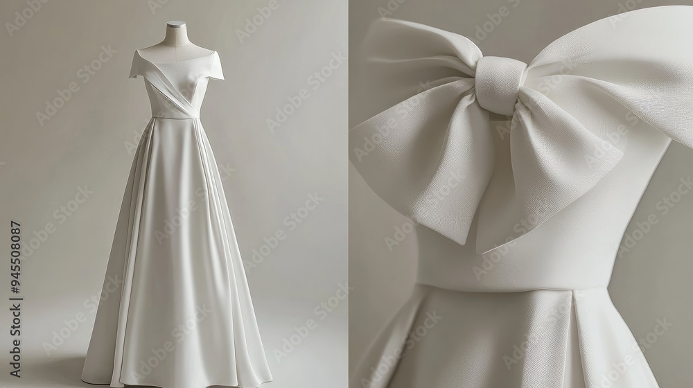 Vietnam-style minimal bow dress, presented in a clean, minimalist setting, emphasizing the dress's elegant lines and craftsmanship, no people. Vietnam-style minimal bow dress, presented in a clean, minimalist setting, emphasizing the dress's elegant lines and craftsmanship, no people.