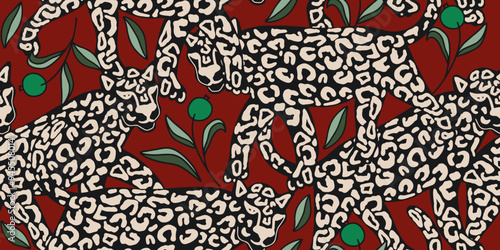 Leopard seamless pattern with floral leaves background Vector
