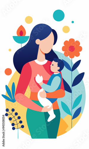 A flat design illustration of a mother holding her baby, representing love and maternal care. The artwork uses soft, pastel colors and simple geometric shapes to create a tender, nurturing scene.