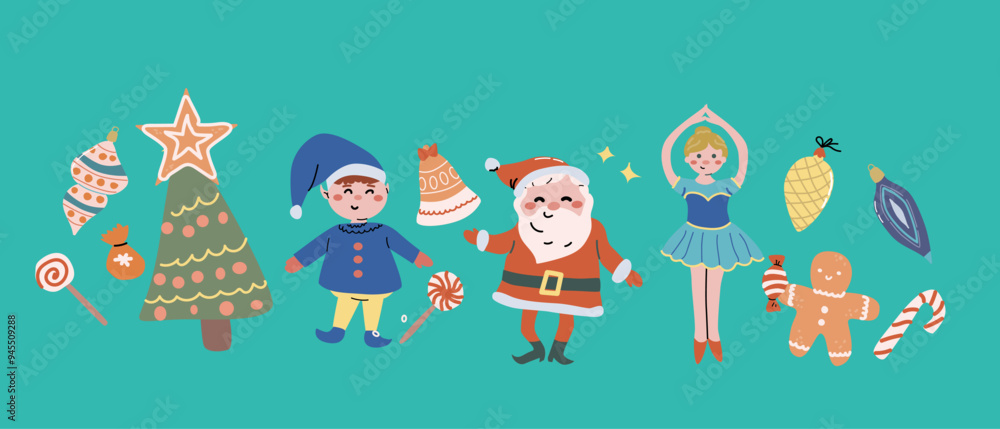 Obraz premium Merry xmas horizontal banner design with cartoon flat santa, snowman and animals. Cute childrens characters with gifts and candy canes. Hand drawn Christmas Festive elements background. Happy Holidays