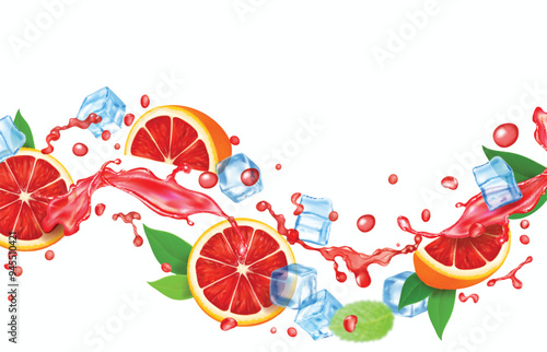 Grapefruit fly on white background isolated. Grapefruit juice splash, ice cubes and fresh fruit realistic illustration
