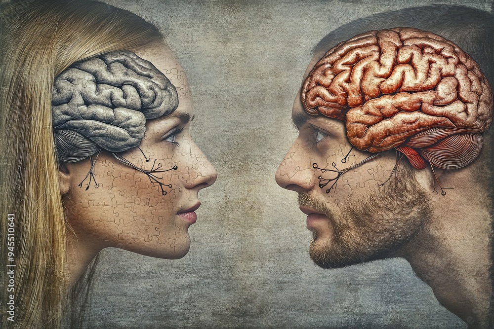 Side Profile of a Couple with Brain Illustrations Representing the Intellectual and Emotional Connection in a Balanced Relationship
