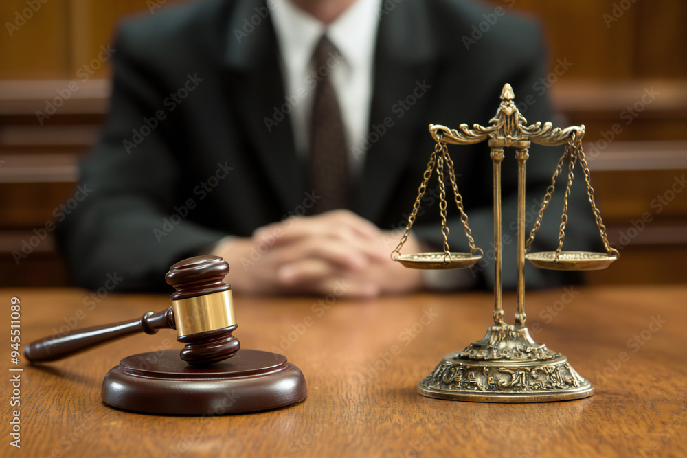 awyer sitting in front of a table, on the table there is a gavel and scales of justice awyer sitting in front of a table, on the table there is a gavel and scales of justice