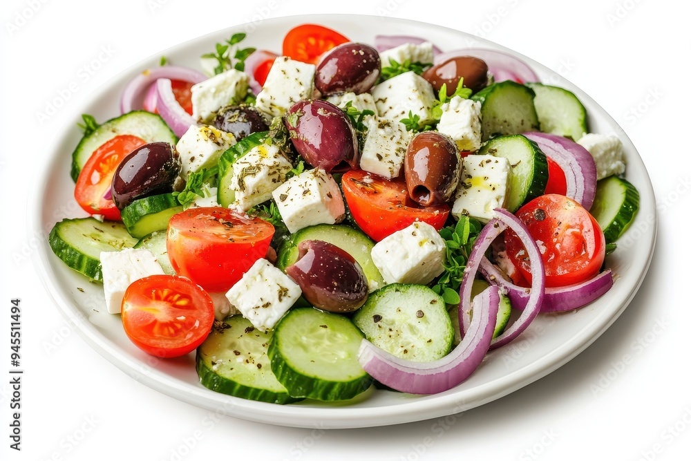 A fresh salad with cucumbers, tomatoes, olives, feta cheese, and red onions. A fresh salad with cucumbers, tomatoes, olives, feta cheese, and red onions.
