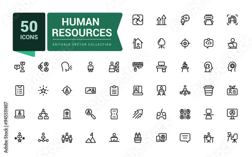 Set of human resource and management icons. Pixel perfect, minimalistic web and UI icon. Outline icon collections. Editable vector illustration.