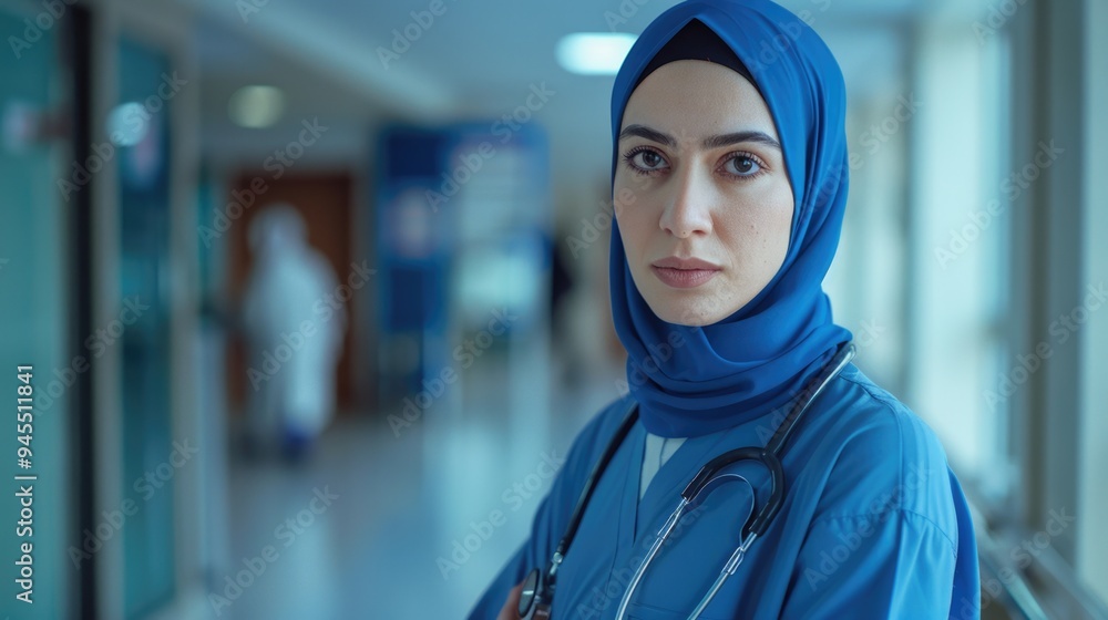 A woman wearing a blue hijab and holding a stethoscope, ready for her work or study as a healthcare professional A woman wearing a blue hijab and holding a stethoscope, ready for her work or study as a healthcare professional
