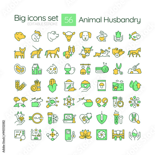 Animal husbandry RGB color icons set. Poultry farming, dairy management. Ranching, horticulture. Isolated vector illustrations. Simple filled line drawings collection. Editable stroke