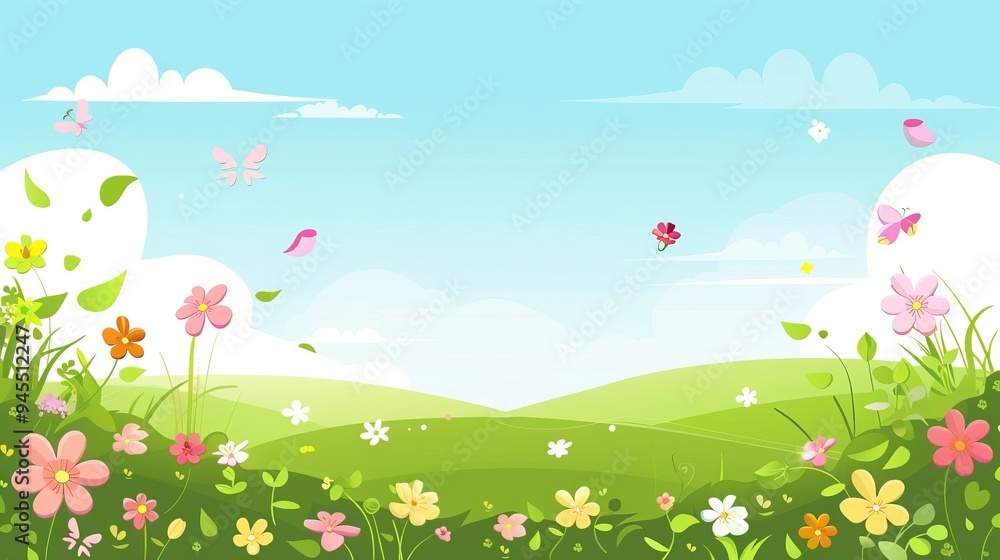 Spring Cartoon Illustration Wildflowers on a Green Hillside Spring Cartoon Illustration Wildflowers on a Green Hillside