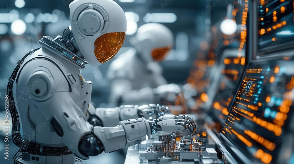 Industrial robots assembling components for space exploration, with a futuristic and high-tech atmosphere, space tech assembly, exploration innovation Industrial robots assembling components for space exploration, with a futuristic and high-tech atmosphere, space tech assembly, exploration innovation
