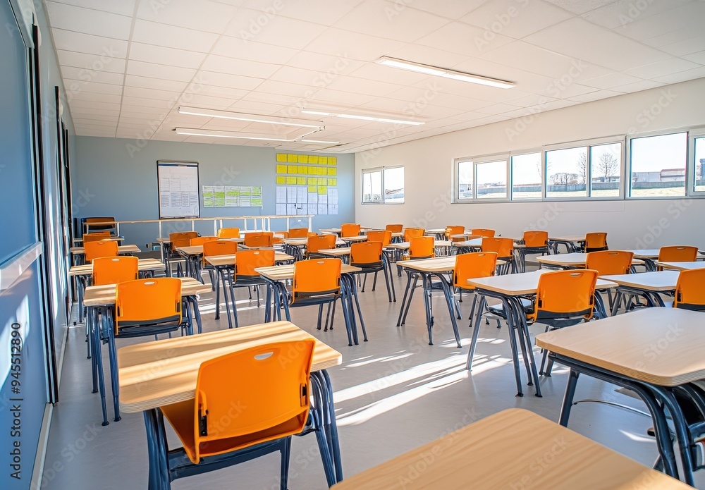 Empty Classroom with Orange Chairs and Desks Empty Classroom with Orange Chairs and Desks