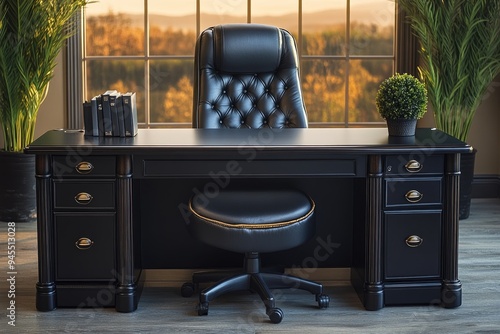 Black Executive Desk with Leather Chair and Desk Accessories photo