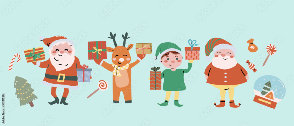 Merry xmas horizontal banner design with cartoon flat santa, snowman and animals. Cute childrens characters with gifts and candy canes. Hand drawn Christmas Festive elements background. Happy Holidays Merry xmas horizontal banner design with cartoon flat santa, snowman and animals. Cute childrens characters with gifts and candy canes. Hand drawn Christmas Festive elements background. Happy Holidays