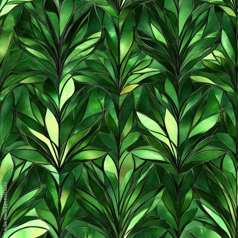 Forest green stained glass style pine needle pattern, seamless repeating pattern, minimal pattern, ideal for holiday-themed decor, gift wrapping, stationery, and wall art Forest green stained glass style pine needle pattern, seamless repeating pattern, minimal pattern, ideal for holiday-themed decor, gift wrapping, stationery, and wall art