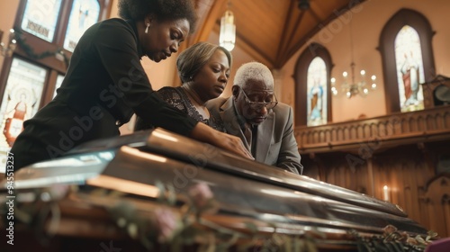 A group of people standing in solemn silence around a coffin, paying respects to the deceased