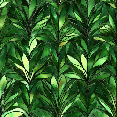 Forest green stained glass style pine needle pattern, seamless repeating pattern, minimal pattern, ideal for holiday-themed decor, gift wrapping, stationery, and wall art 