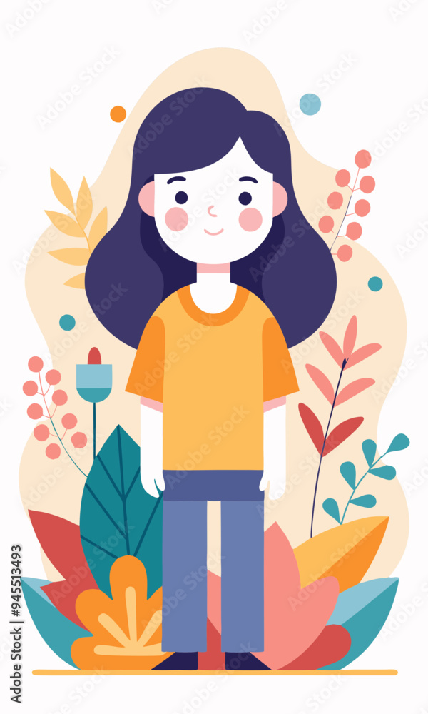 A flat minimalist illustration of a smiling young girl standing among colorful abstract plants, representing childhood, nature, and simplicity. A flat minimalist illustration of a smiling young girl standing among colorful abstract plants, representing childhood, nature, and simplicity.