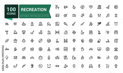 Recreation icon set of web icons in line style. Related to airport, tickets, tour, relax, hotel. Pixel perfect, minimalistic web and UI icon. Outline icon collections.