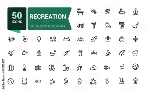 Recreation icon set of web icons in line style. Related to airport, tickets, tour, relax, hotel. Pixel perfect, minimalistic web and UI icon. Outline icon collections.