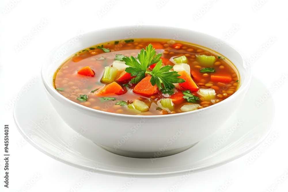 A bowl of vegetable soup garnished with parsley, showcasing a colorful mix of ingredients. A bowl of vegetable soup garnished with parsley, showcasing a colorful mix of ingredients.