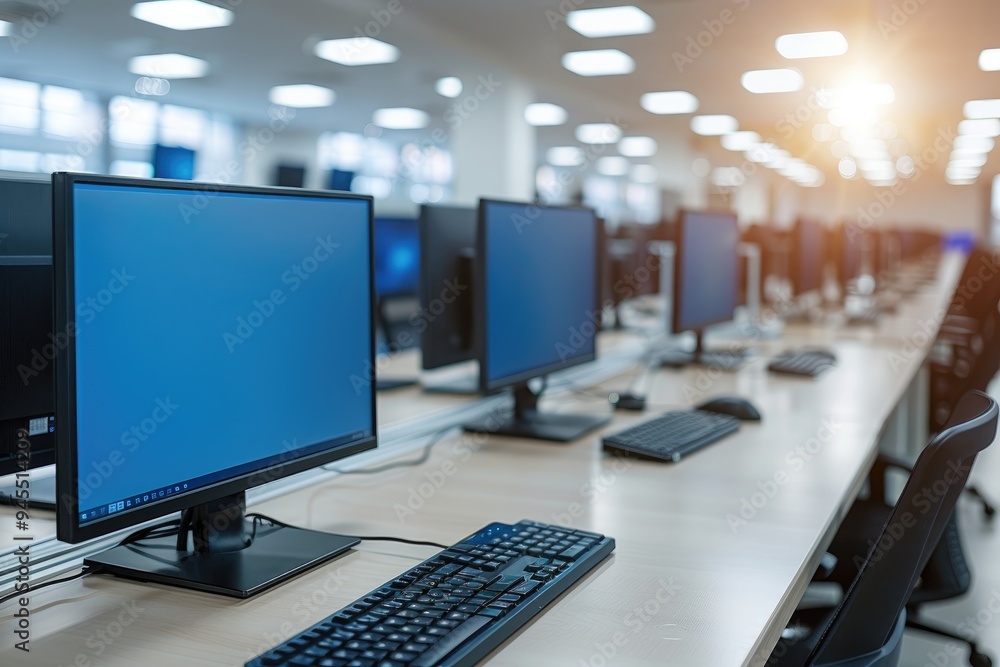 Computer Workstation with Keyboard and Monitors in an Office Setting Computer Workstation with Keyboard and Monitors in an Office Setting