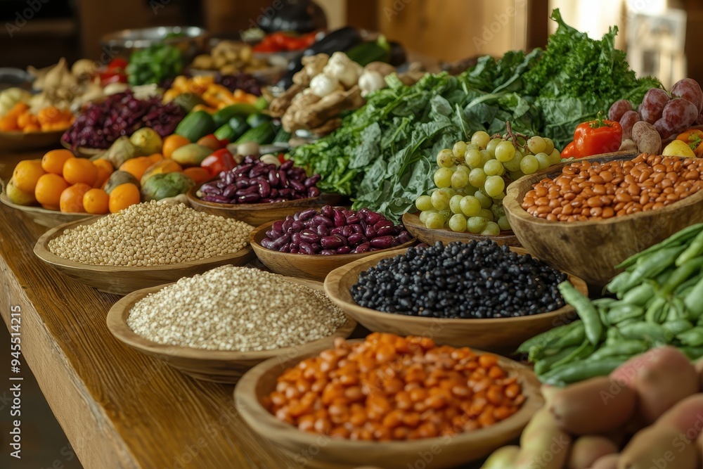 Global Harvest Table: A large wooden table filled with a variety of fresh produce from around the world--fruits, vegetables, grains, and legumes Global Harvest Table: A large wooden table filled with a variety of fresh produce from around the world--fruits, vegetables, grains, and legumes