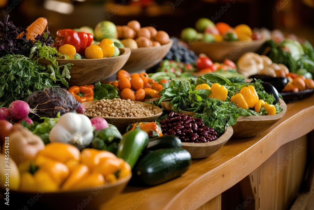 Global Harvest Table: A large wooden table filled with a variety of fresh produce from around the world--fruits, vegetables, grains, and legumes Global Harvest Table: A large wooden table filled with a variety of fresh produce from around the world--fruits, vegetables, grains, and legumes