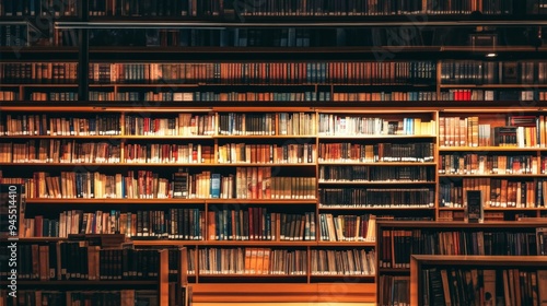 Rows of Bookshelves Packed with Books, Illuminated by Warm Light, in a Classic Library Setting