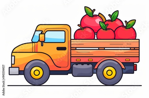 Illustration of a truck pulling a cart of apples photo