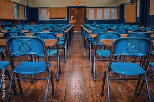 Empty Blue Chairs in a Classroom