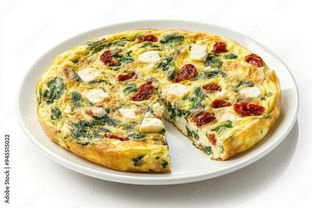 A sliced frittata with spinach, sun-dried tomatoes, and cheese on a plate. A sliced frittata with spinach, sun-dried tomatoes, and cheese on a plate.