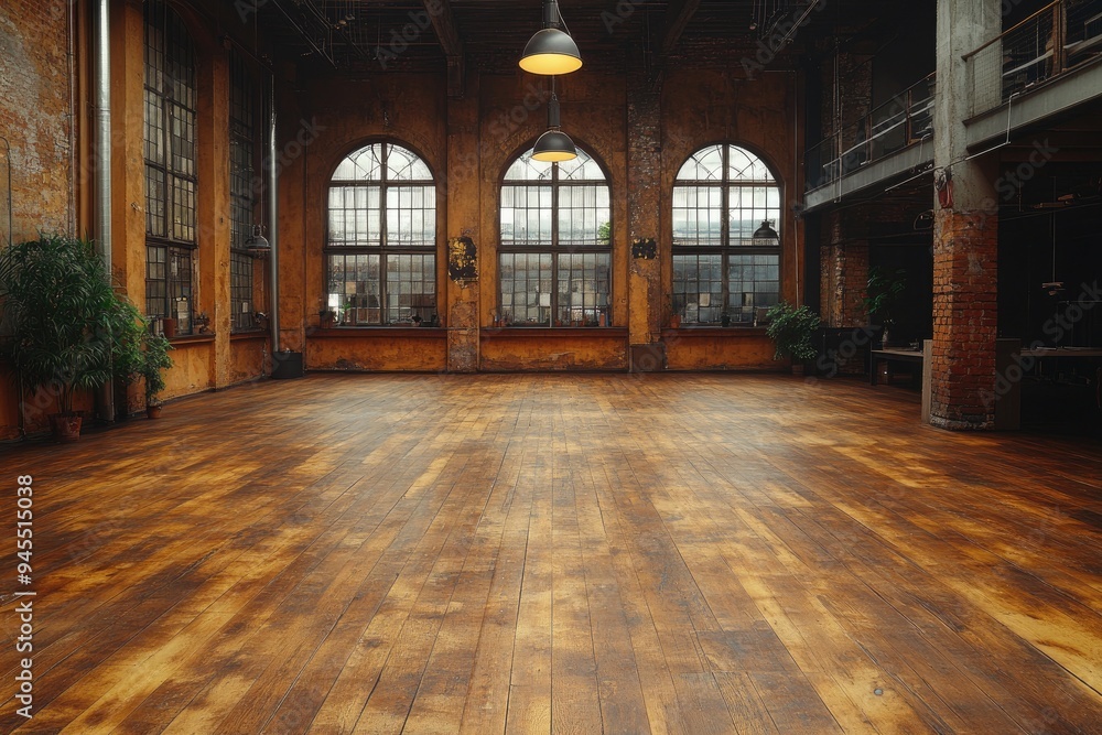 Empty Industrial Loft with Arched Windows and Wooden Floor Empty Industrial Loft with Arched Windows and Wooden Floor