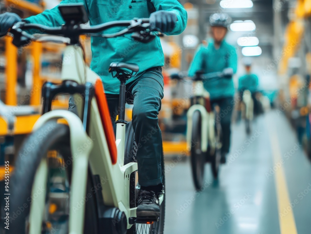 Fototapeta premium Workers assembling electric bikes in a vibrant and eco-friendly factory, e-bike assembly, sustainable transportation