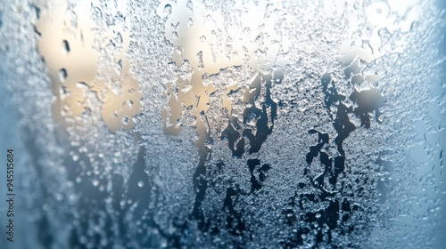 A macro view of a frost-covered glass window, with intricate ice formations creating a mesmerizing pattern, capturing the essence of winter in its frozen beauty. photo