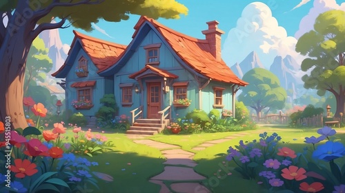 A charming blue house with a red roof set amid a vibrant and colorful flower garden, offering a peaceful country feel.