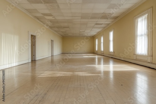 Empty Room with Windows and a Ceiling with Damaged Tiles