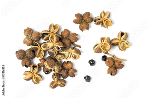 Group of Dried  Makhwaen , Zanthoxylum limonella (Dennst.) Alston seeds , northern Thai spices, for cooking, isolated on white background 
top view flat lay.