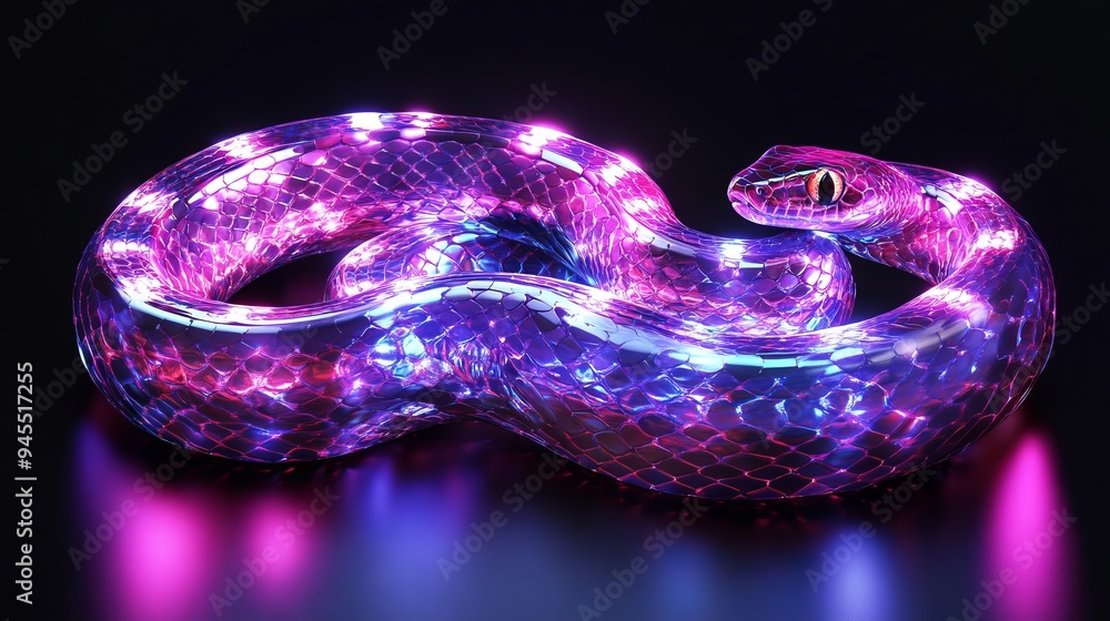 Colorful glowing snake coiled on a dark surface with vibrant lights at night Colorful glowing snake coiled on a dark surface with vibrant lights at night