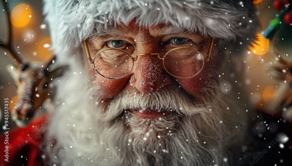 Close-up of a jolly Santa Claus with snowy beard and glasses, capturing the festive holiday spirit. Perfect for Christmas theme. Close-up of a jolly Santa Claus with snowy beard and glasses, capturing the festive holiday spirit. Perfect for Christmas theme.