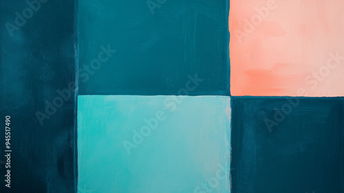 a minimalistic flat gouache painting, featuring contrasting color squares of deep teal, aquamarine, and salmon