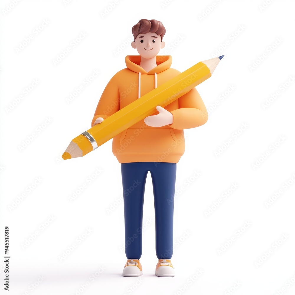The figure of Qadir with a pencil is a 3D rendering on a white background. The concept is creativity. The figure of Qadir with a pencil is a 3D rendering on a white background. The concept is creativity.
