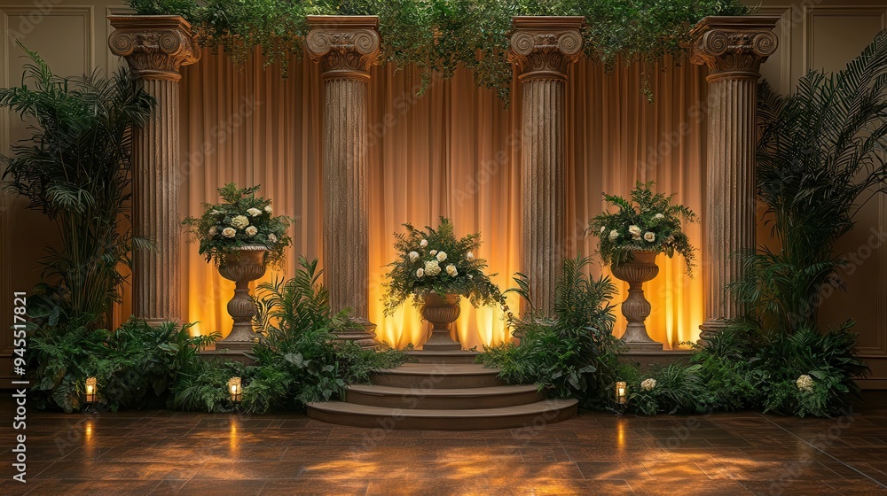 neoclassical podium display with grecoroman columns lush foliage and ethereal lighting neoclassical podium display with grecoroman columns lush foliage and ethereal lighting