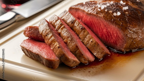 A piece of rump steak resting on a cutting board. photo