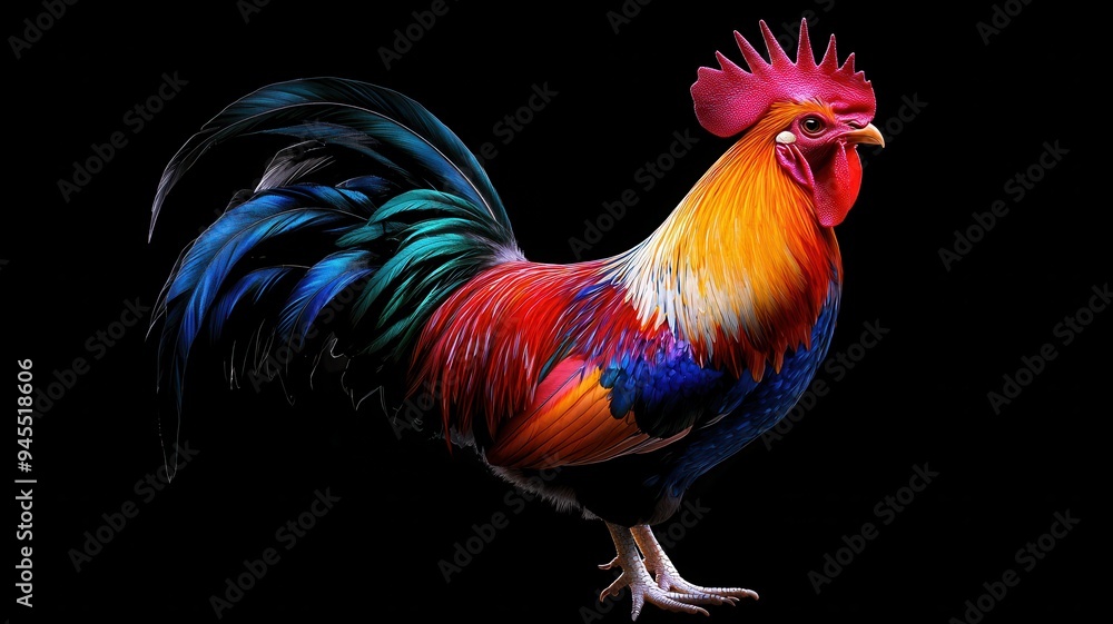 Fototapeta premium A vibrant and colorful rooster standing confidently against a black background, showcasing its striking plumage and elegance.