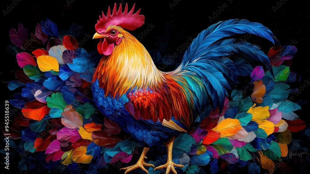 Fototapeta premium A vibrant and colorful rooster stands proudly against a backdrop of radiant floral patterns, showcasing nature's beauty and artistry.