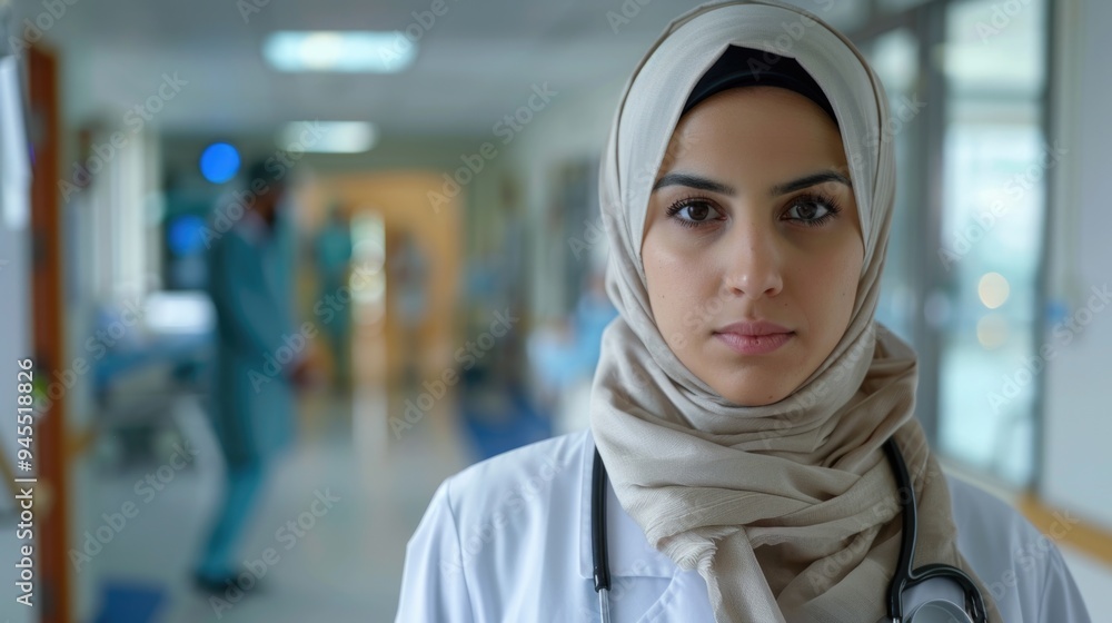 A healthcare professional stands in a hospital hallway wearing a stethoscope, ready to attend to patients A healthcare professional stands in a hospital hallway wearing a stethoscope, ready to attend to patients