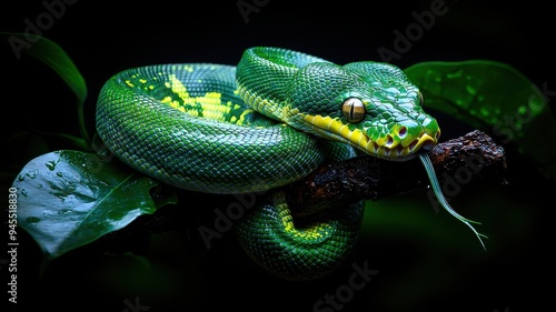 A vibrant green python resting on a branch, showcasing its stunning scales in a dark, lush environment.