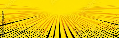 Yellow pop art background with halftone dots and rays of light.